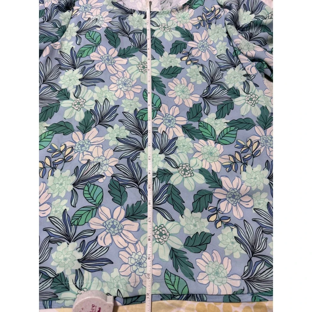 LOFT Floral Puff Sleeve Top Light Blue Green White Women's Medium M